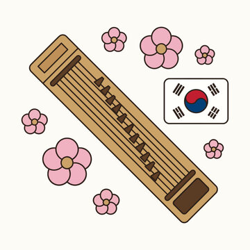 Korean traditional Gayageum zither instrument with cherry blossoms and Taegeuk flag