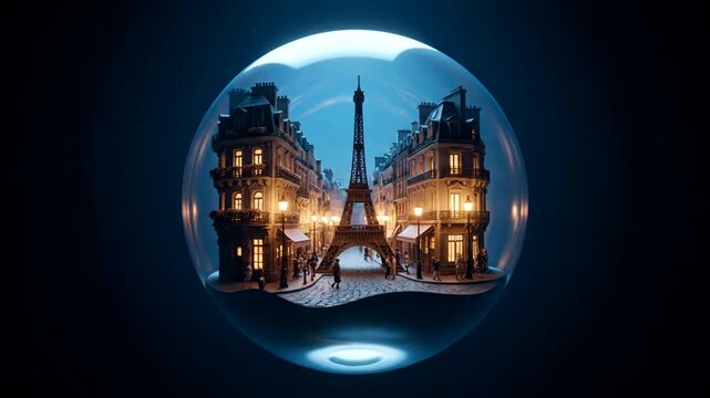 Eiffel Tower and Parisian Street in a Glass Sphere at Night.