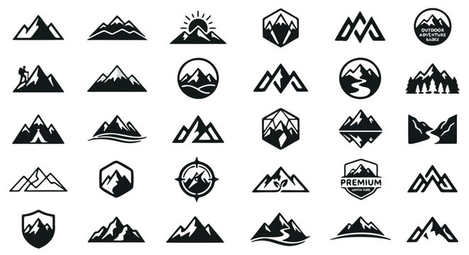 Mountain logo set with 30 black vector icons, minimalist peak symbols for outdoor branding, geometric mountain range silhouettes for adventure labels