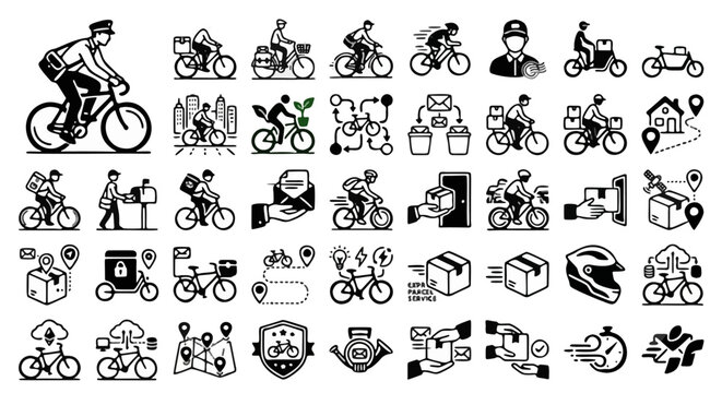 Bicycle delivery service icons set, courier on bike vector illustrations, mail and package shipping symbols, logistics and transport graphics