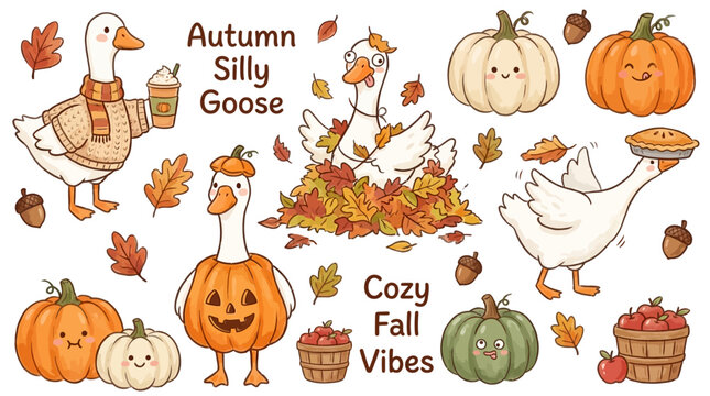 Whimsical Hand Drawn Autumn Goose Collection Featuring Silly Avian Characters with Cozy Pumpkins and Fall Elements, Charming Cartoon Illustration Set Isolated on White Background