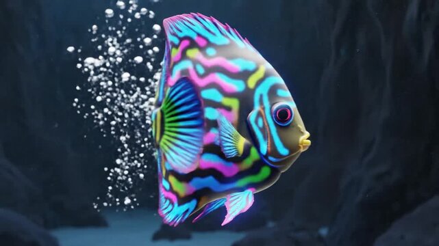 Vibrant neon tropical fish swimming underwater with air bubbles
