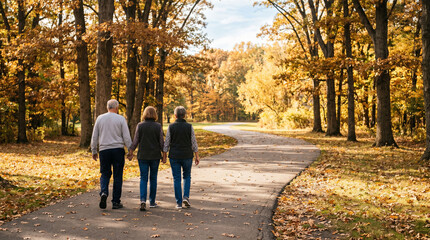 Fototapeta premium Group of three people walking down a paved path in a sunlit autumn forest.