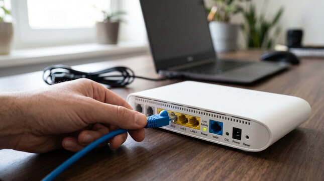 Hand connecting blue ethernet cable into a white internet router on desk.