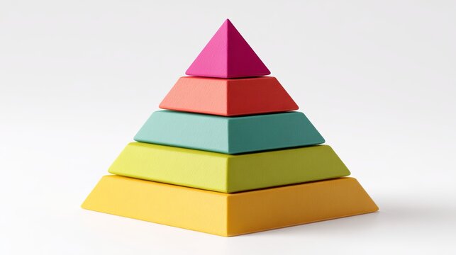 Colorful stacked pyramid blocks representing a business hierarchy concept with five distinct levels of growth and strategic development on a clean white background