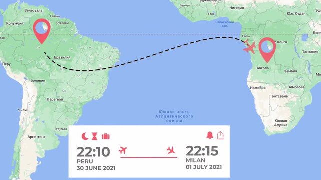 Flight route animation on world map from Peru to Milan, travel logistics schedule dashboard with airplane and ship icons moving across the ocean.