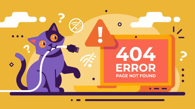 Funny purple cat biting network cable causing 404 error page not found on laptop