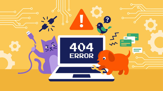 404 Error Page Concept with Cute Cat and Dog Fixing Computer Problem