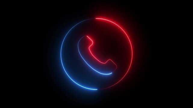 Neon glowing blue and red color phone call icon animation on black background. Glowing circle loading call icon isolated.