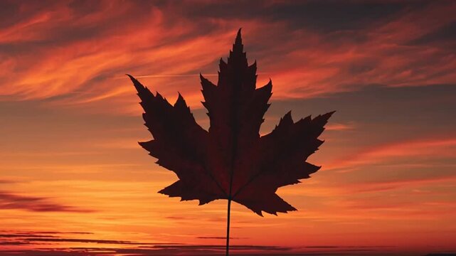 Canadian maple leaf silhouette during a dramatic sunset