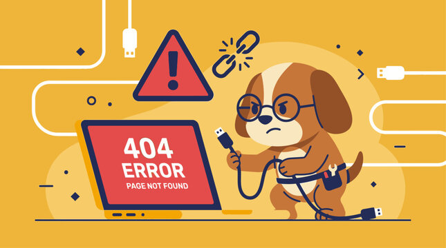 Whimsical illustration of a cute cartoon dog trying to fix a '404 Error Page Not Found' on a laptop, symbolizing internet connectivity issues and broken links