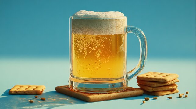 Refreshing glass mug filled with golden lager beer and thick white foam served alongside crunchy salted crackers on a bright blue studio background surface