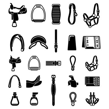 Equestrian horse riding tack and leather saddlery icon grid. Flat solid black silhouettes of professional cowboy sports equipment isolated on white background