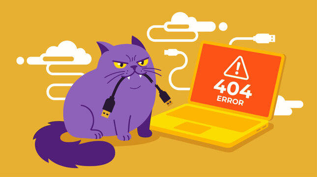 Grumpy purple cat chewing cable next to laptop with 404 error flat vector illustration