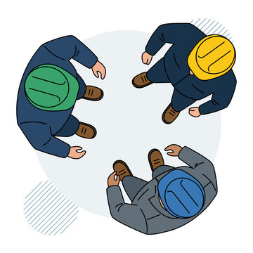 Top View Illustration of Workers in Hard Hats Having Corporate Teamwork Meeting or Toolbox Talk