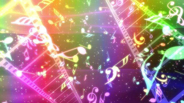 Vibrant music notes and film strips in colorful motion