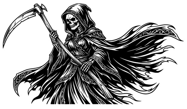 Female Grim Reaper skeleton woman with scythe line art vector