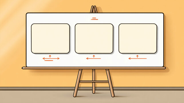 Blank whiteboard with three empty frames and arrows on an easel, presentation template illustration

