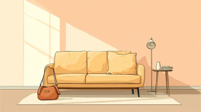 Cozy living room interior with a beige sofa and warm morning light, flat vector illustration
