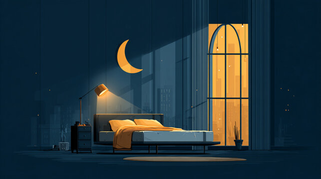 Quiet bedroom at night with a crescent moon and soft lamp light, calm flat illustration