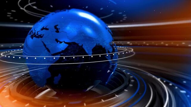 3D breaking news broadcast intro background with rotating digital earth globe and abstract tech rings