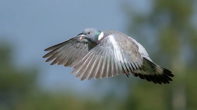 Grey pigeon flying with wings spread in nature