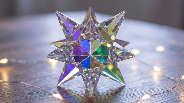 Shiny metallic geometric star shape with colorful reflections