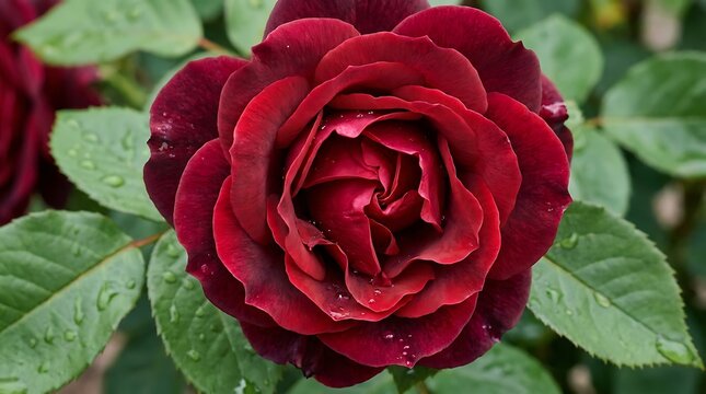 Close-up of deep red rose with green leaves background