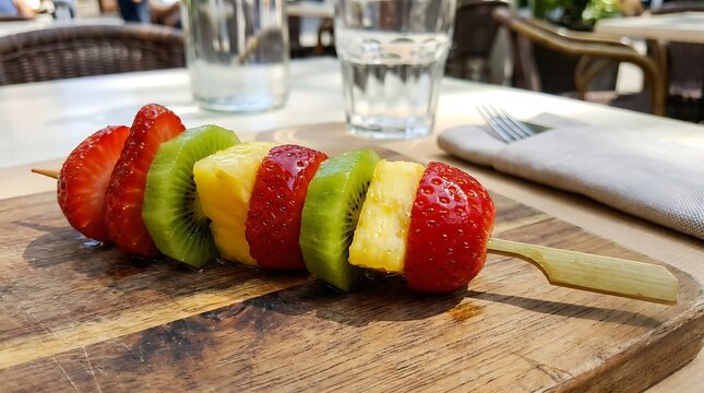 Colorful skewered fruit pieces on wooden board