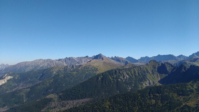 giewont, tatry, tatra mountains, high tatras, poland, polskie g&oacute;ry, Beautiful scenic panorama of the High Tatras mountain range on a sunny day with clear blue sky, viewed from the top of Mount Giewont