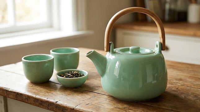 Stainless steel kettle pouring hot water into green cup with tea leaves