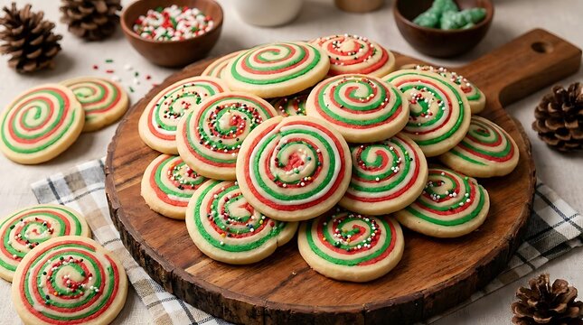 Colorful swirled cookies on wooden board with festive decorations