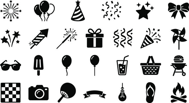 Jul 4 independence day icons fireworks bbq party supplies summer celebrations