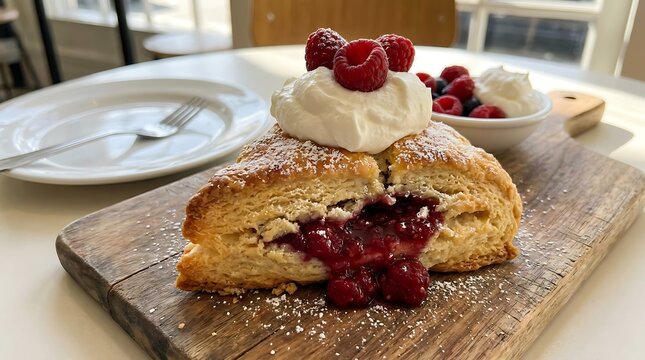 Sliced cherry pie on a rustic wooden cutting board