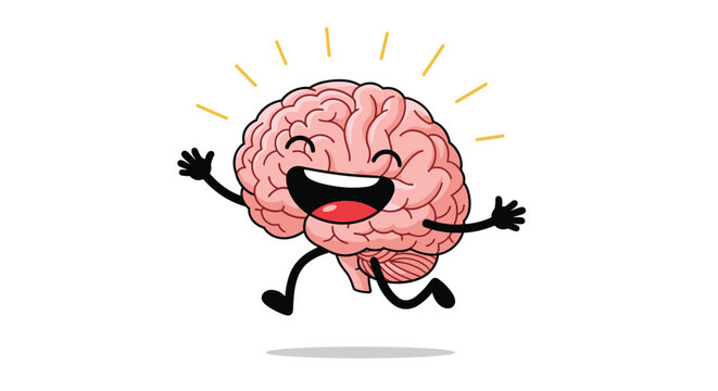Cheerful cartoon brain character running happily with a bright smile and energetic rays of light on a white background.