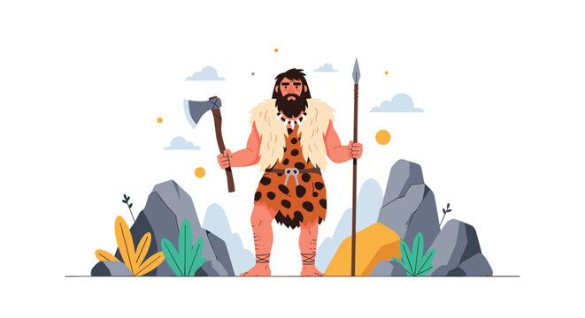 Brave prehistoric caveman in a leopard skin tunic stands with a wooden stone axe and a sharp hunting spear.