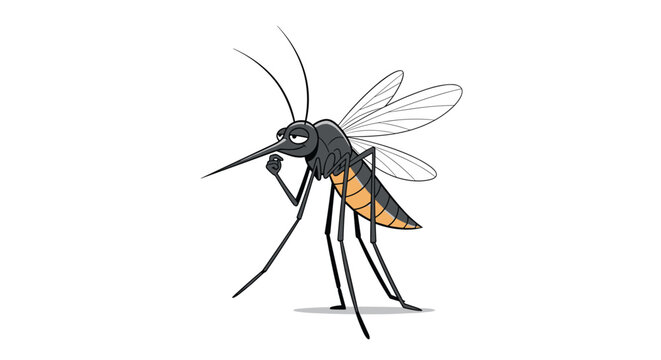 Humorous cartoon mosquito stands with a confident pose displaying sharp wings and a long proboscis on white.