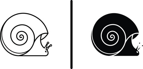 Linear and solid black vector icons of a garden snail with simple outline and filled silhouette versions isolated on white. © Shaikh