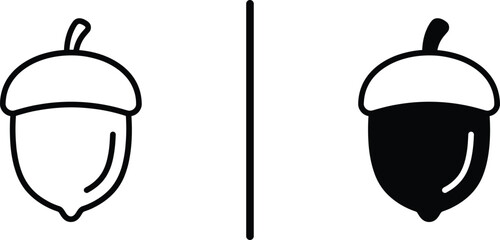 Linear and solid black vector icons of an autumn oak acorn nut with simple outline and filled silhouette versions isolated on white. © Shaikh