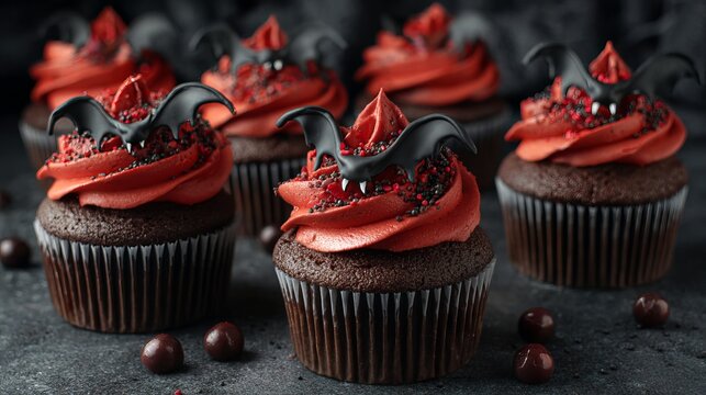 Delicious chocolate cupcakes topped with vibrant red frosting and spooky black bat decorations for a festive halloween party celebration on dark background