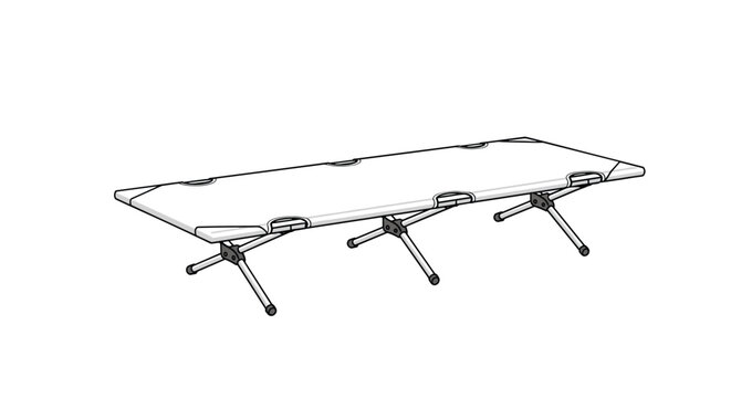 Portable folding camping cot with white canvas fabric and sturdy steel frame legs isolated on white background.