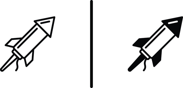 Linear and solid black vector icons of a festive firework rocket with simple outline and filled silhouette versions isolated on white.