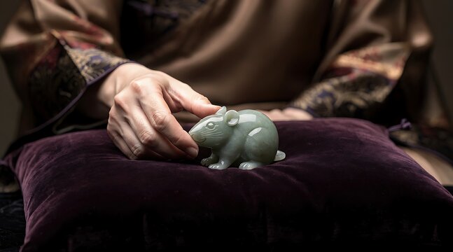Traditional Chinese jade rat figurine on velvet cushion.