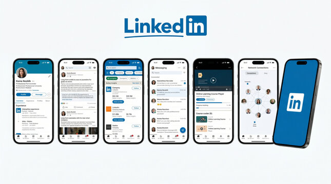 2026 LinkedIn mockup social media mobile app interface template. Smartphone UI screen display with profile feed messaging network connections insights learning course player on iPhone device.