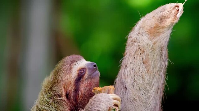 Three sloths hanging on branches in a lush green rainforest environment