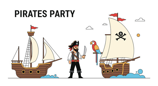 Fun pirates party themed illustration with a cartoon pirate character standing between two sailing ships on the ocean with a parrot companion.
