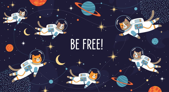 Whimsical space scene featuring multiple cute calico and ginger cats dressed in white astronaut suits floating among planets and stars.