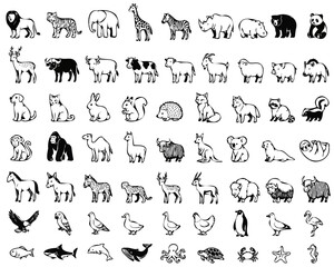 Obraz premium Minimalist animal icons set, collection of 63 black and white wildlife line art vectors, simple zoo and farm animal illustrations for logos