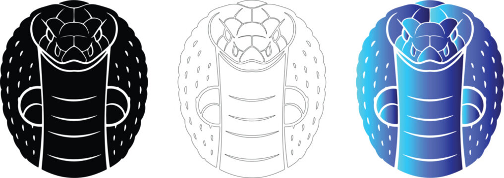 Stylized cobra head icon set in solid black, outline, and vibrant blue gradient vector