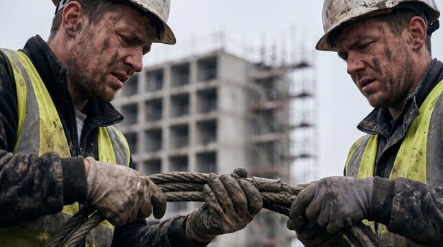 Two construction workers struggle with heavy cable on muddy site